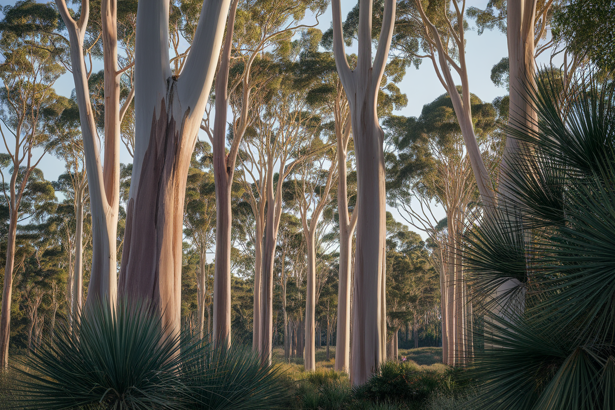 foret-eucalyptus-plantes-lumiere-tachee
