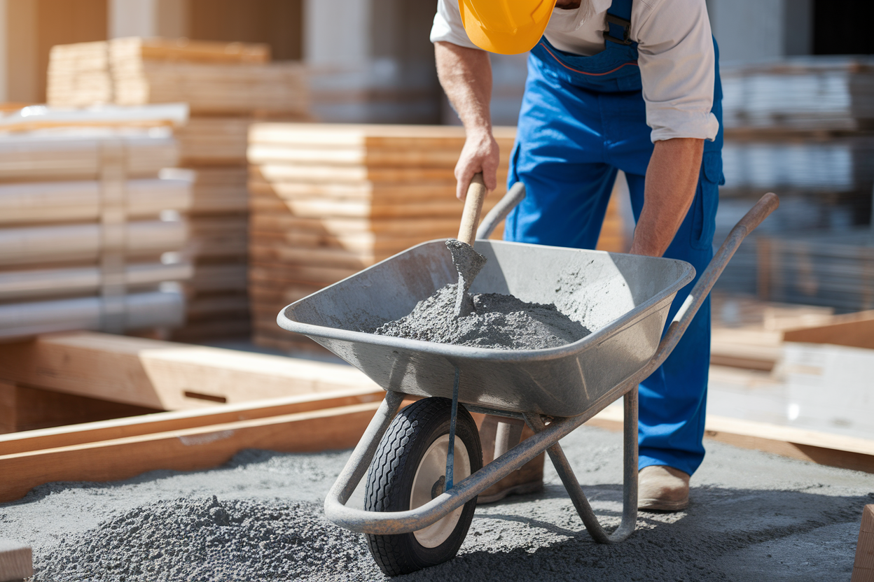 ouvrier-chantier-casque-brouette-beton