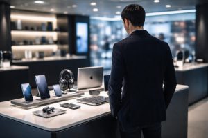 homme-etallage-produits-technologiques-modernes