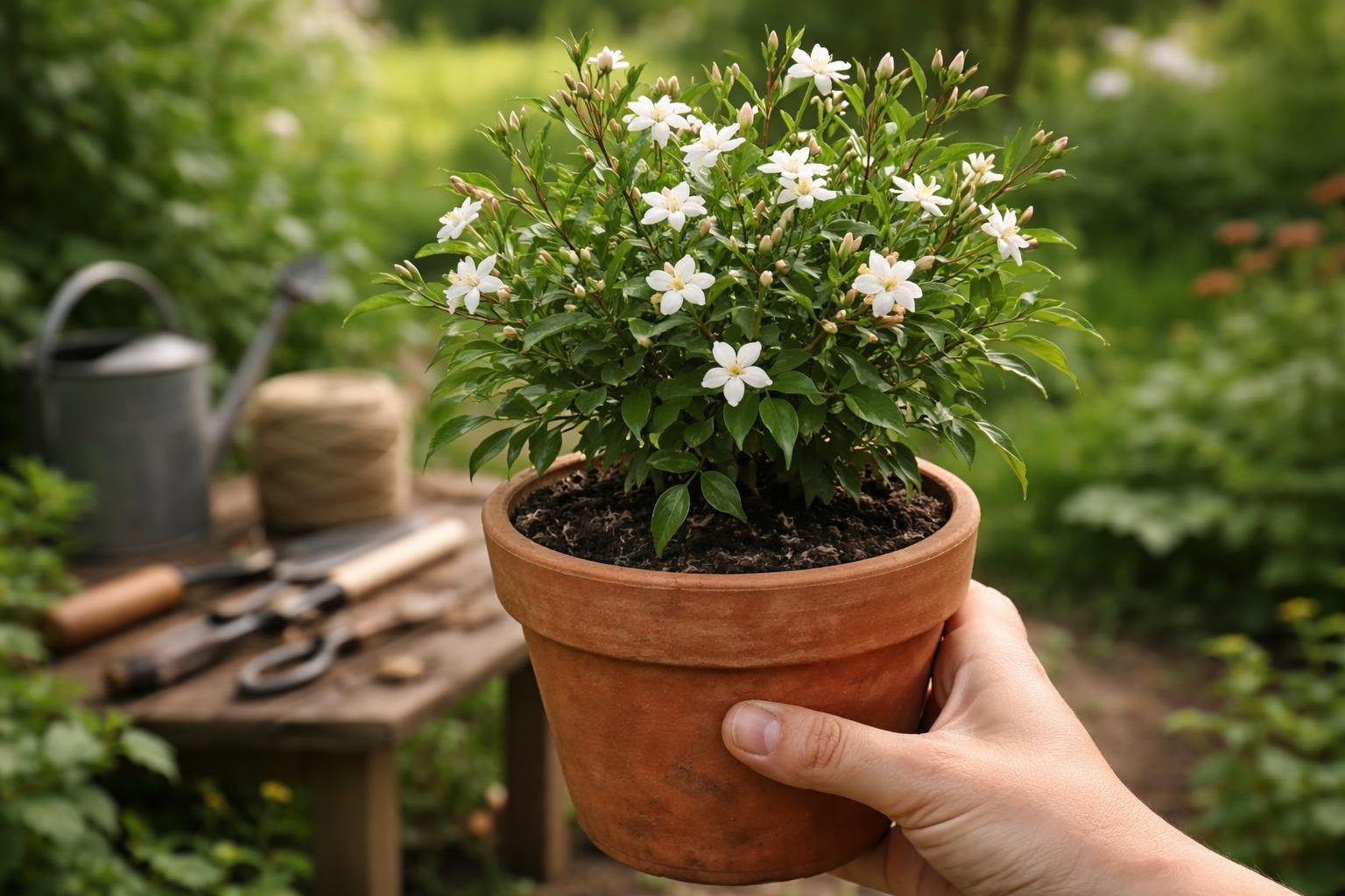 main-pot-terre-jasmin-jardin-vert