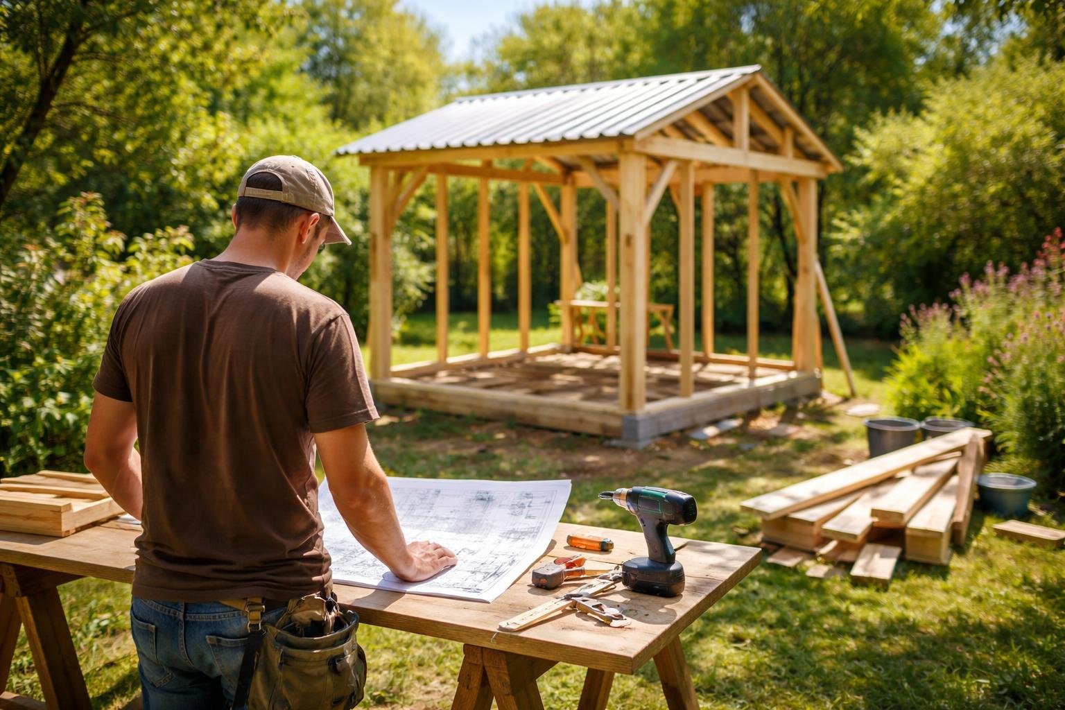 jardin-abri-construction-personne-bois-outils